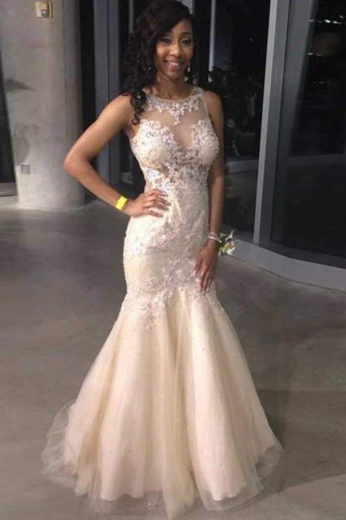 Mermaid Round Neck Long Pearl Pink Tulle Prom Dress with Appliques -  Wisebridal.com