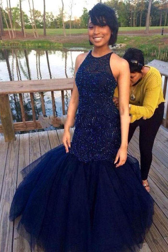 blue beaded prom dress