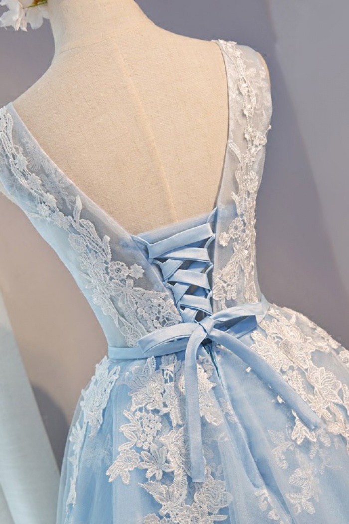 A Line Scoop Short Light Blue Tulle Homecoming Dress With