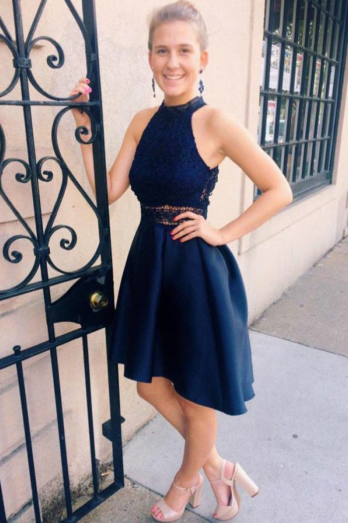 High Low Round Neck Dark Blue Satin Homecoming Dress with Pockets Lace Wisebridal