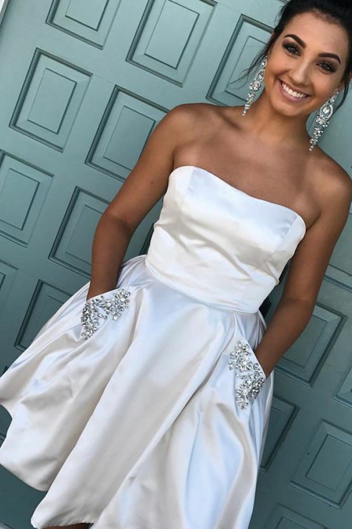 short white strapless wedding dresses