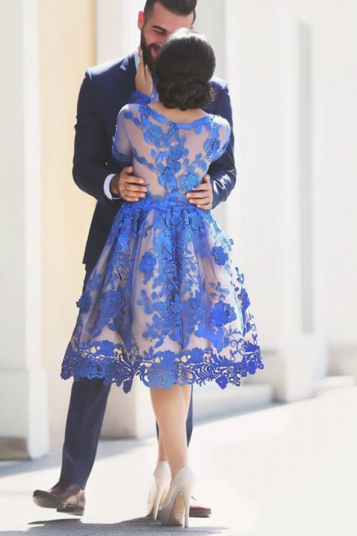 A-Line Round Knee-Length Long Sleeves Royal Blue Tulle Homecoming Dress  with Appliques - Wisebridal.com