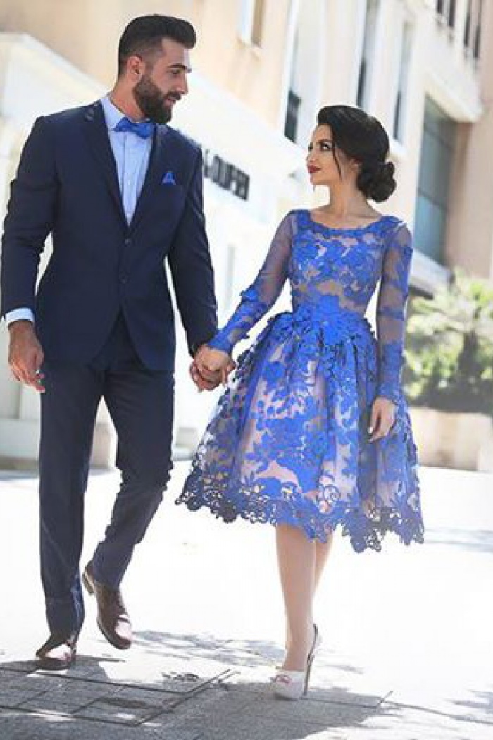 A-Line Round Knee-Length Long Sleeves Royal Blue Tulle Homecoming Dress  with Appliques - Wisebridal.com