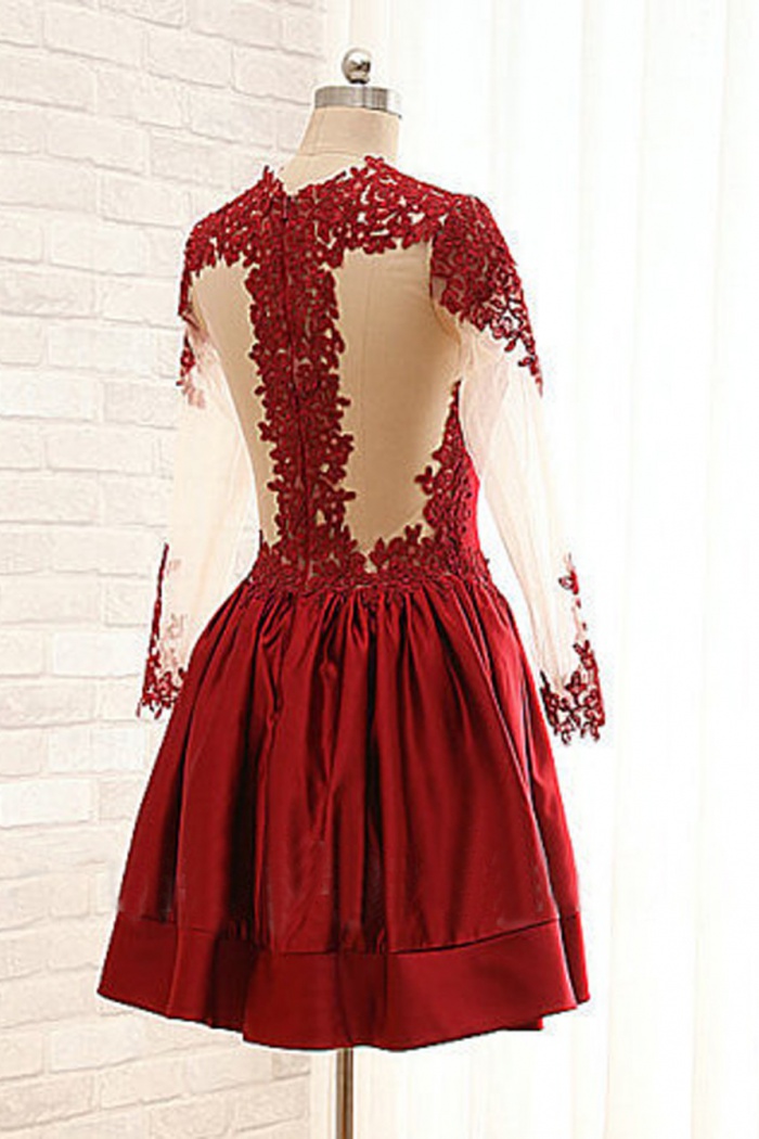 Elegant A-line Crew Long Sleeves Short Dark Red Lace Prom Homecoming Dress 