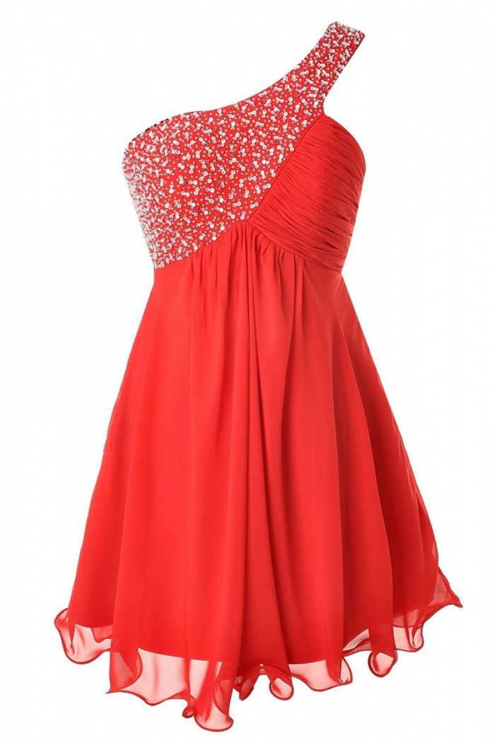 Sweet One Shoulder Short Red Homecoming Dress with Beading Ruched ...