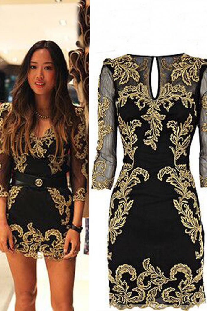 black dress with gold embroidery