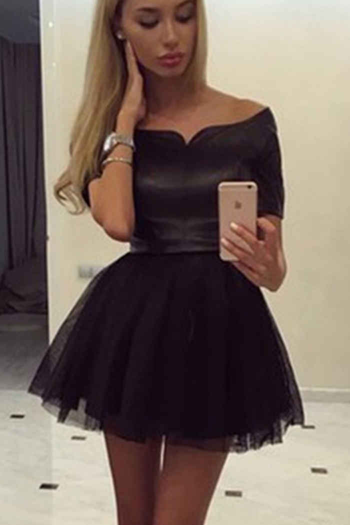 Sexy Offtheshoulder Short Sleeves Mini Black Dress