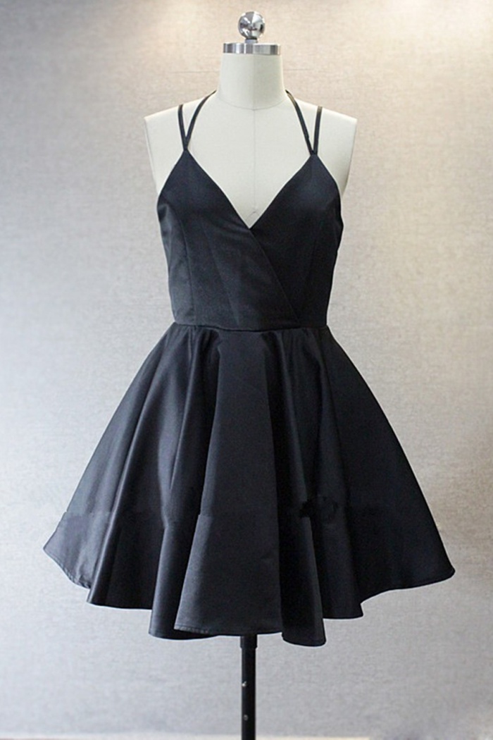 black v neck spaghetti strap dress