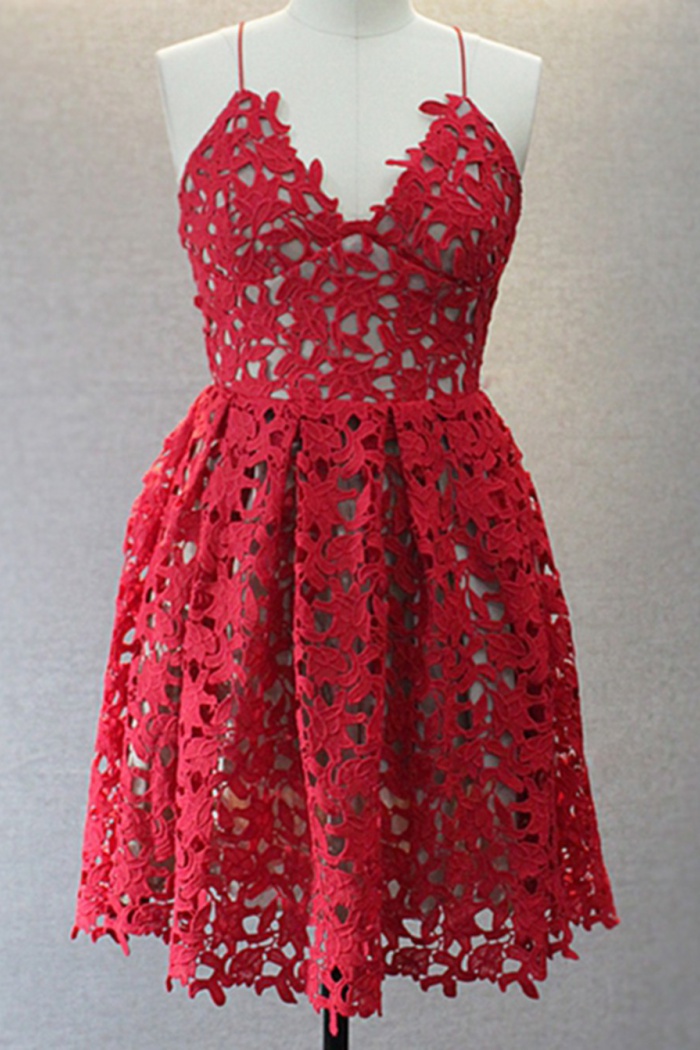 red lace knee length dress