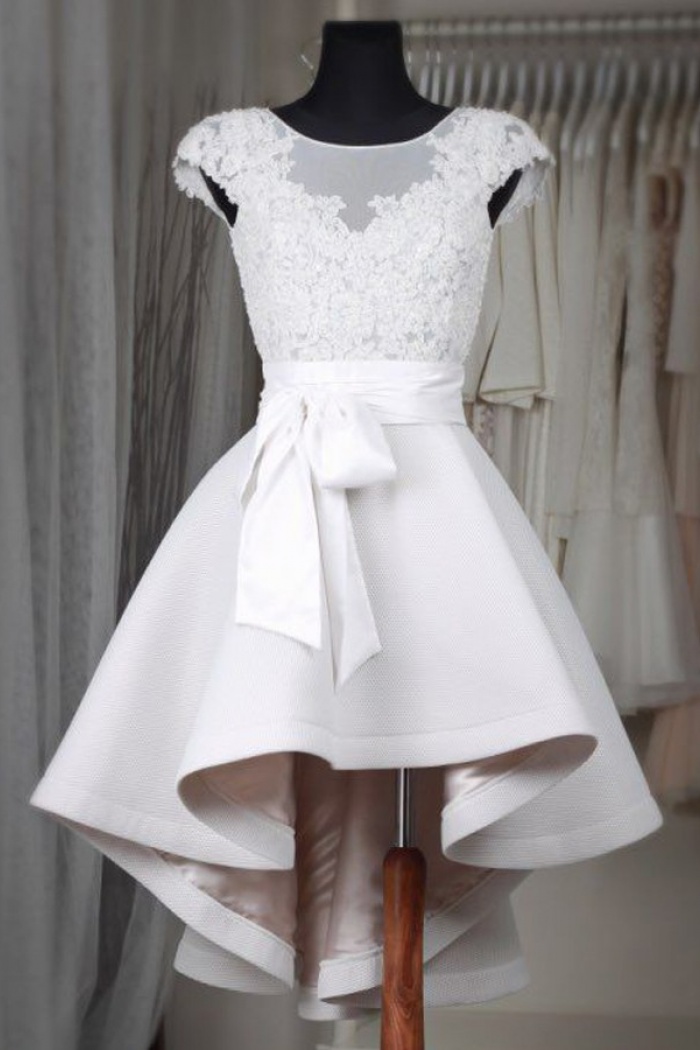 Glamorous Bateau Cap Sleeves Hi Lo White Homecoming Dress with Lace