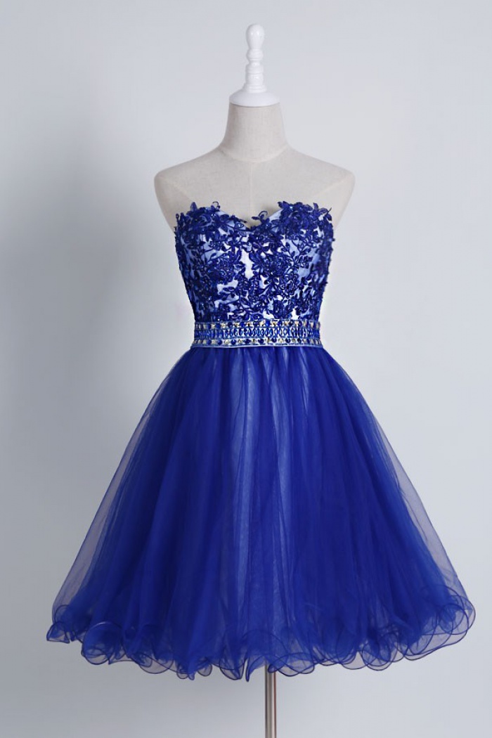 sachin and babi light blue dress Royal Blue Satin Beads Short Prom Dress Blue Homecoming Dress Custom Size / Custom Color main image 0