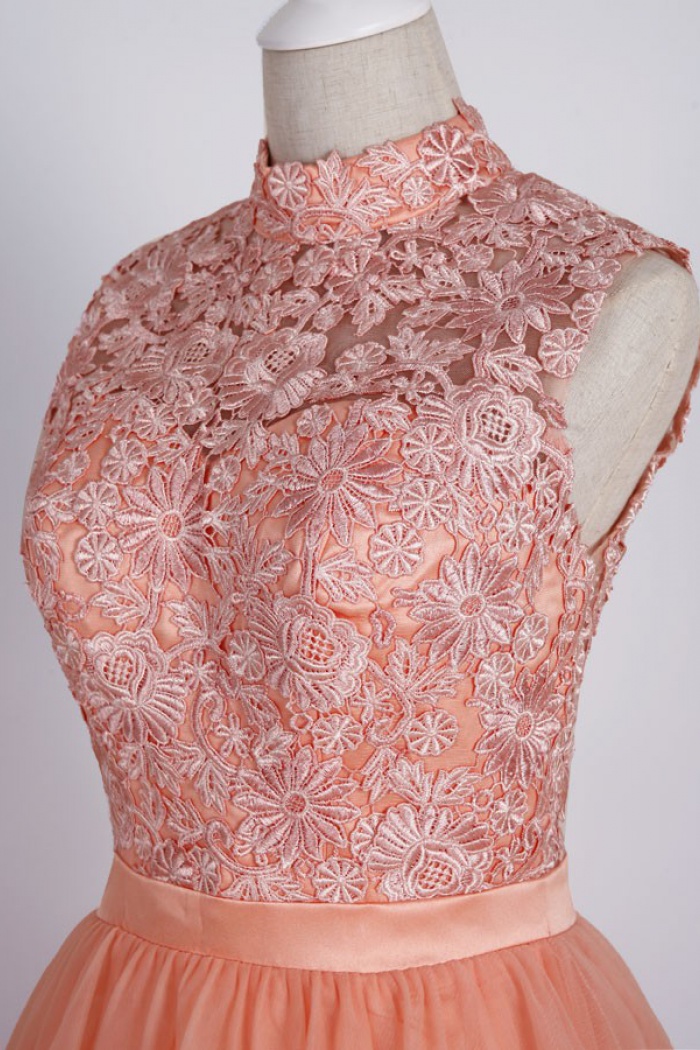 Glamorous High Neck Short Coral Homecoming Dress with Appliques Backless -  Wisebridal.com