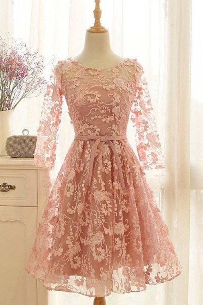 pink lace knee length dress