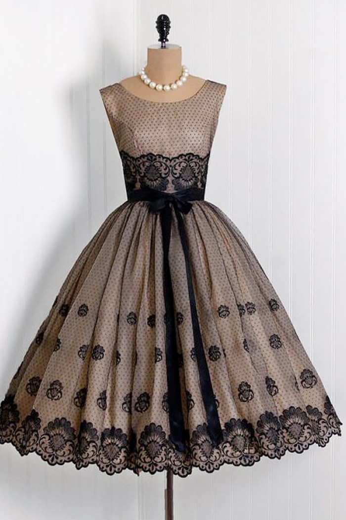 ALine Scoop TeaLength Sleeveless Black Lace Dress with