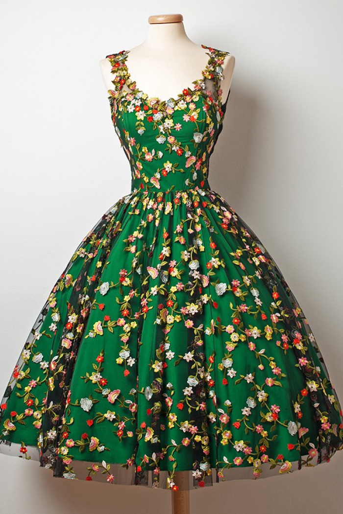 dark green tea length dress