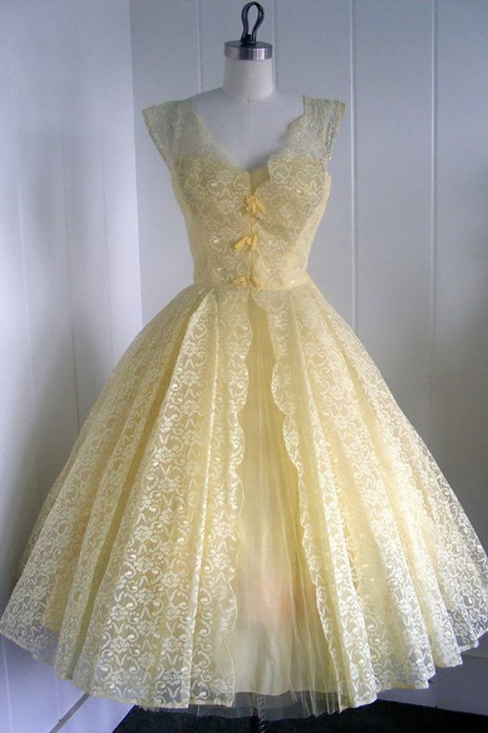 Yellow Lace Tea Length Dress