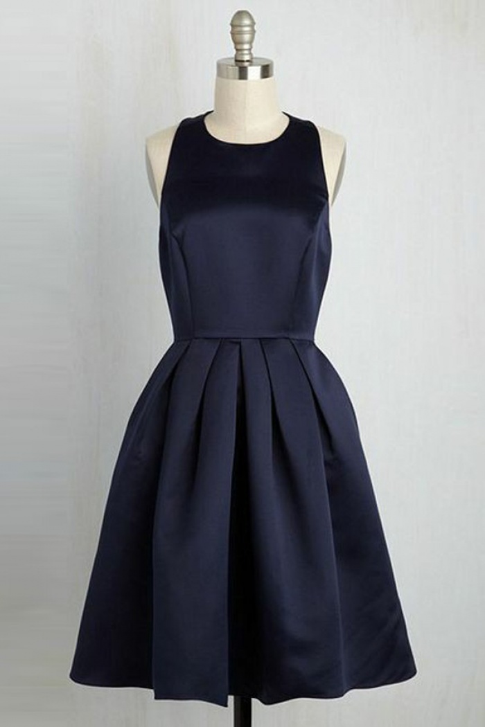A-Line Round Neck Short Navy Blue Pleated Satin Homecoming Dress -  Wisebridal.com