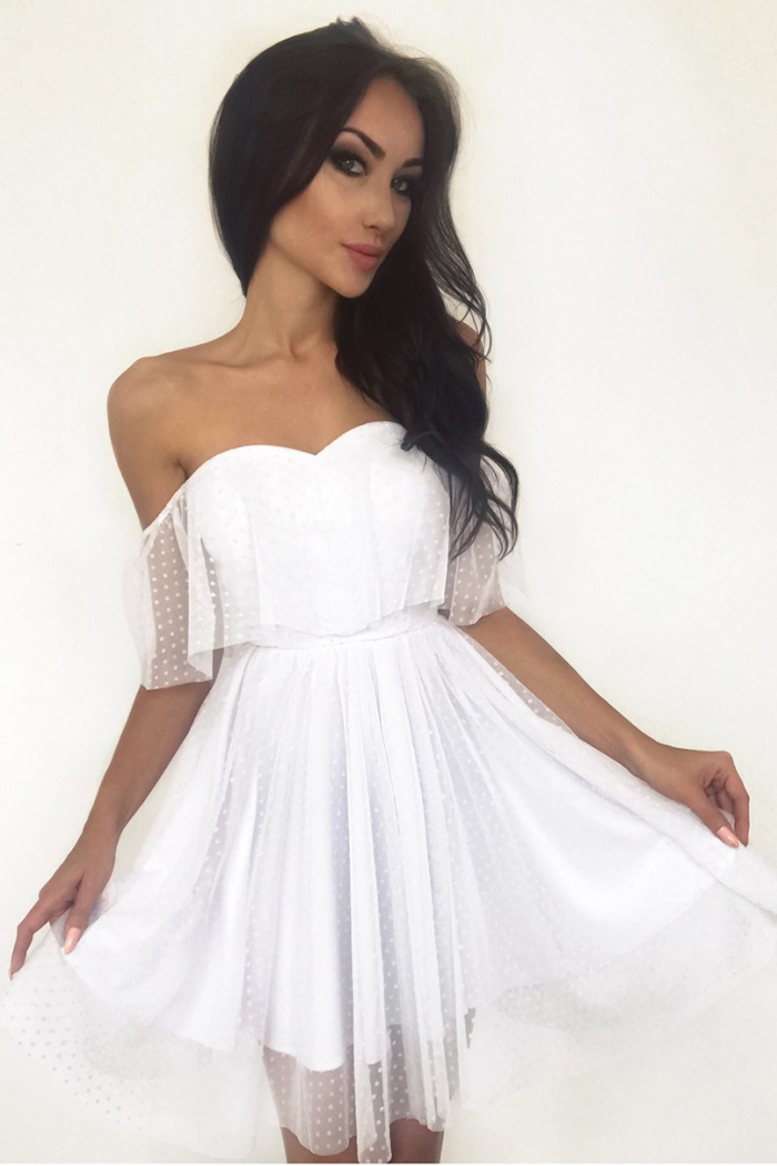 A Line Off The Shoulder Short White Tulle Homecoming Dress With A Line Off The Shoulder Short White Tulle Homecoming Dress With Ruffles 0