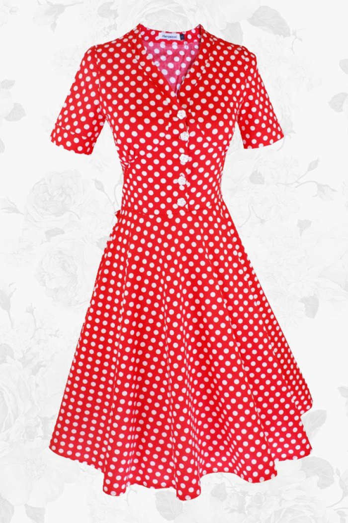 red polka dot swing dress