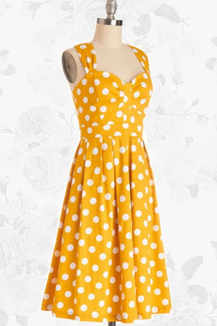 Yellow Retro Polka Dot 50s Style Vintage Rockabilly Swing