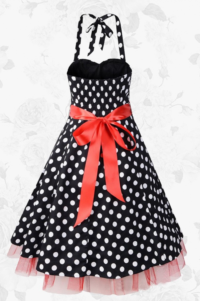 blue dress for baby girl Cap Sleeve Vintage 50s Polka Dot Swing Dress with Black Asymmetrical Waist  Panel main image 1
