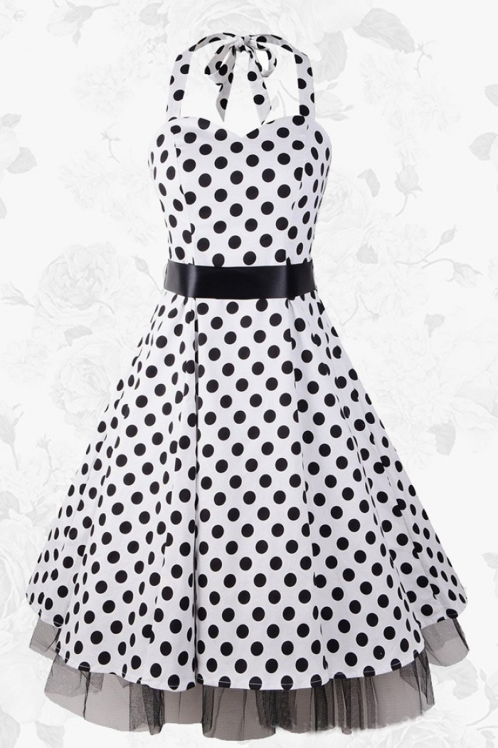 Black Vintage Halter 50s 60s White Polka Dots Swing Party