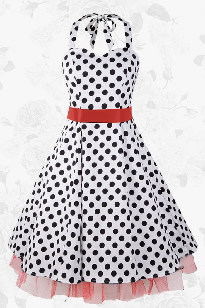 black and white polka dot dress with red belt Black Vintage Halter 50s 60s White Polka Dots Swing Party Dress With Red  Belt