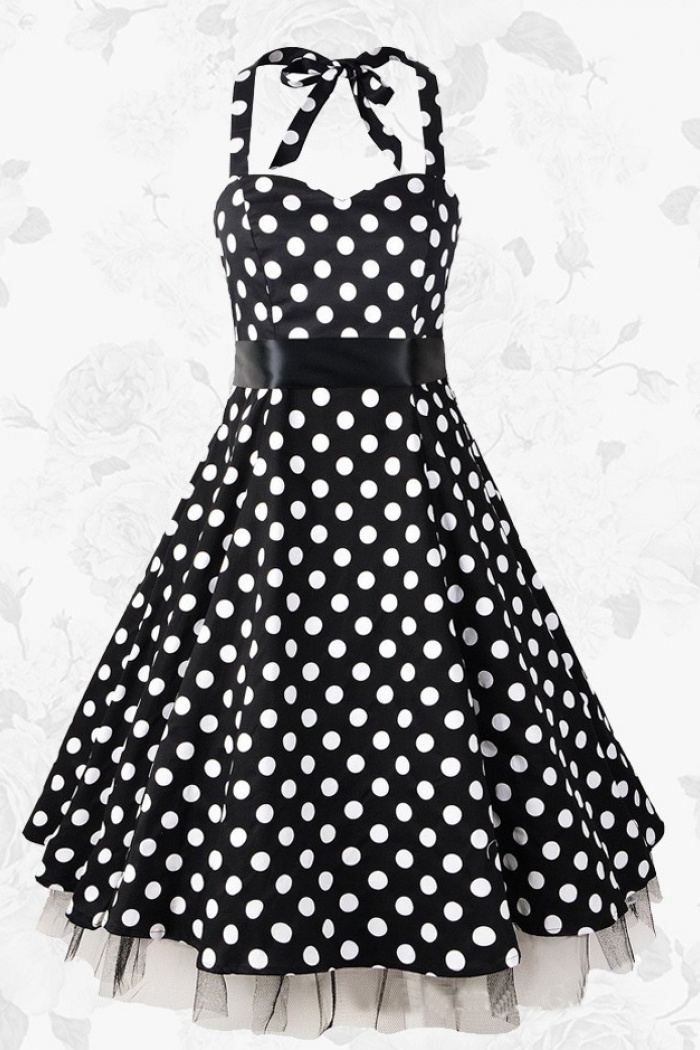 Black Vintage Halter 50s 60s White Polka Dots Swing Party Dress With Red  Belt - Wisebridal.com
