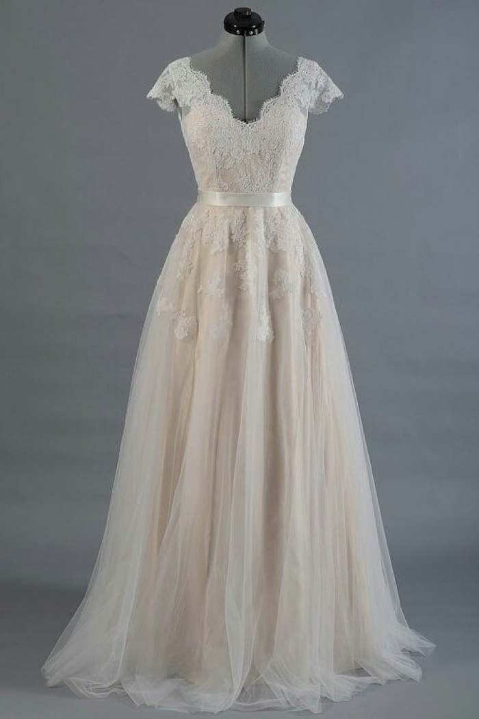 v neck cap sleeve wedding dress