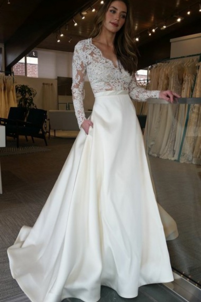 long sleeve deep v wedding dress