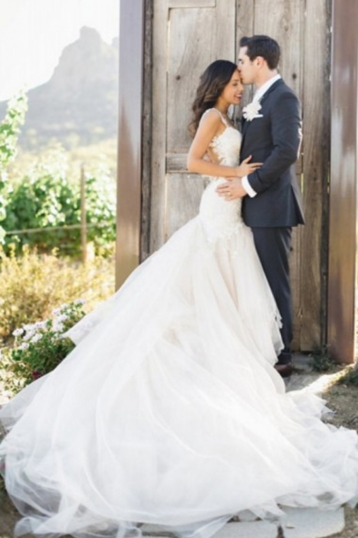 Mermaid Chapel Train Appliques Ruffles Tulle Wedding Dress