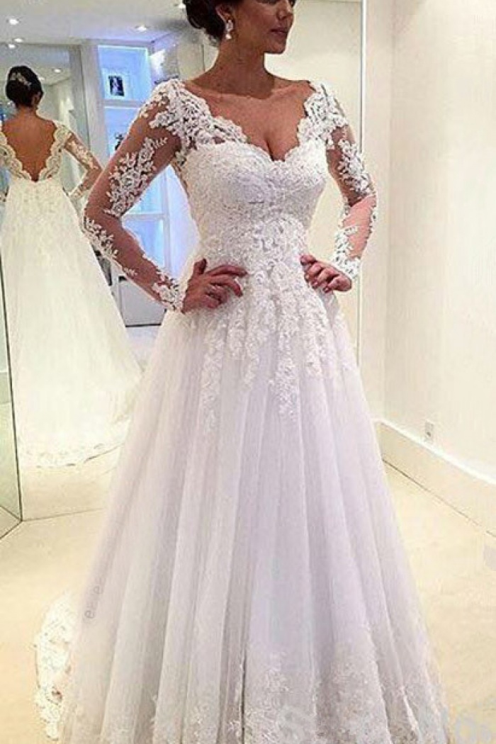 long sleeve lace wedding dress open back