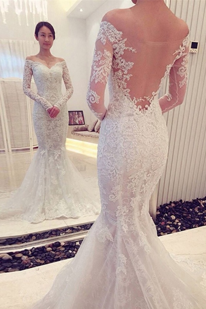 long sleeve mermaid wedding dress with train