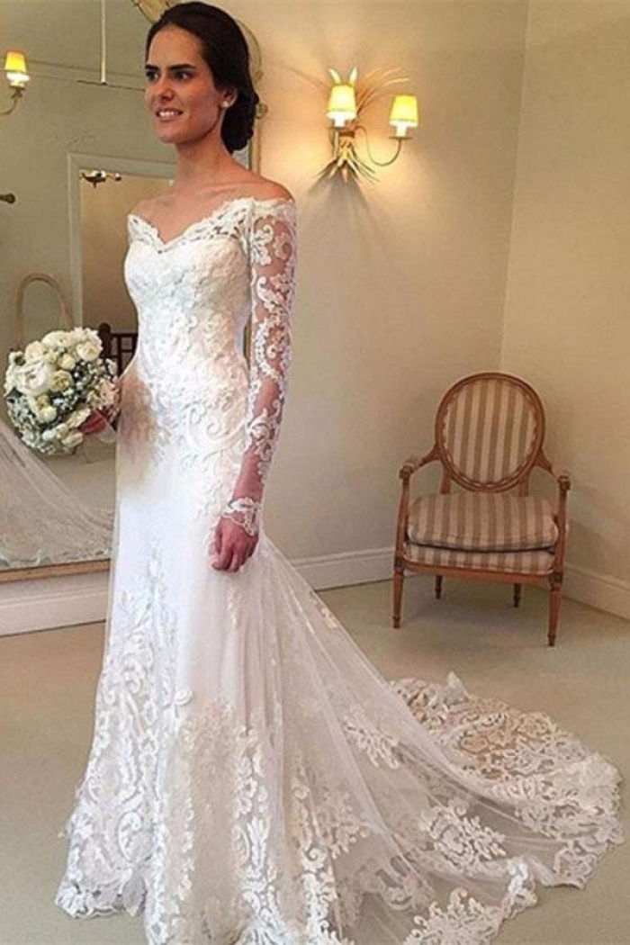 wedding dress with shoulder train