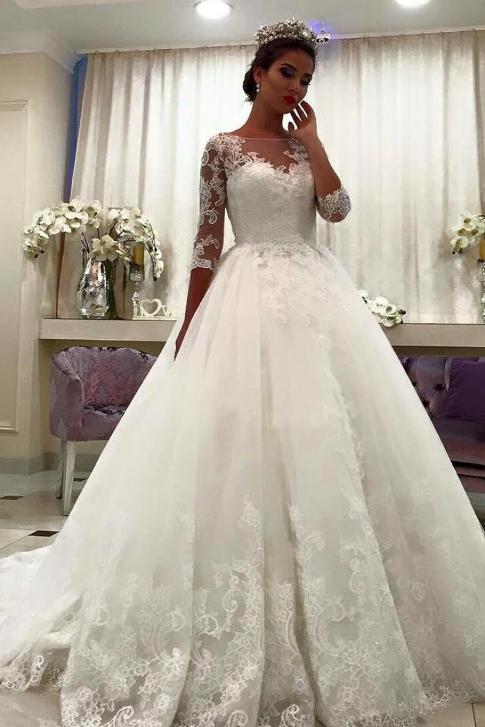 Bateau Half Sleeve Lace Ball Gown Bridal Dresses Appliques Chapel Train ...