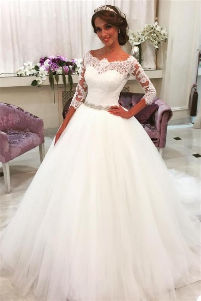 Lace Half Sleeves Ball Gown Wedding Dresses Scalloped Neckline Tulle ...