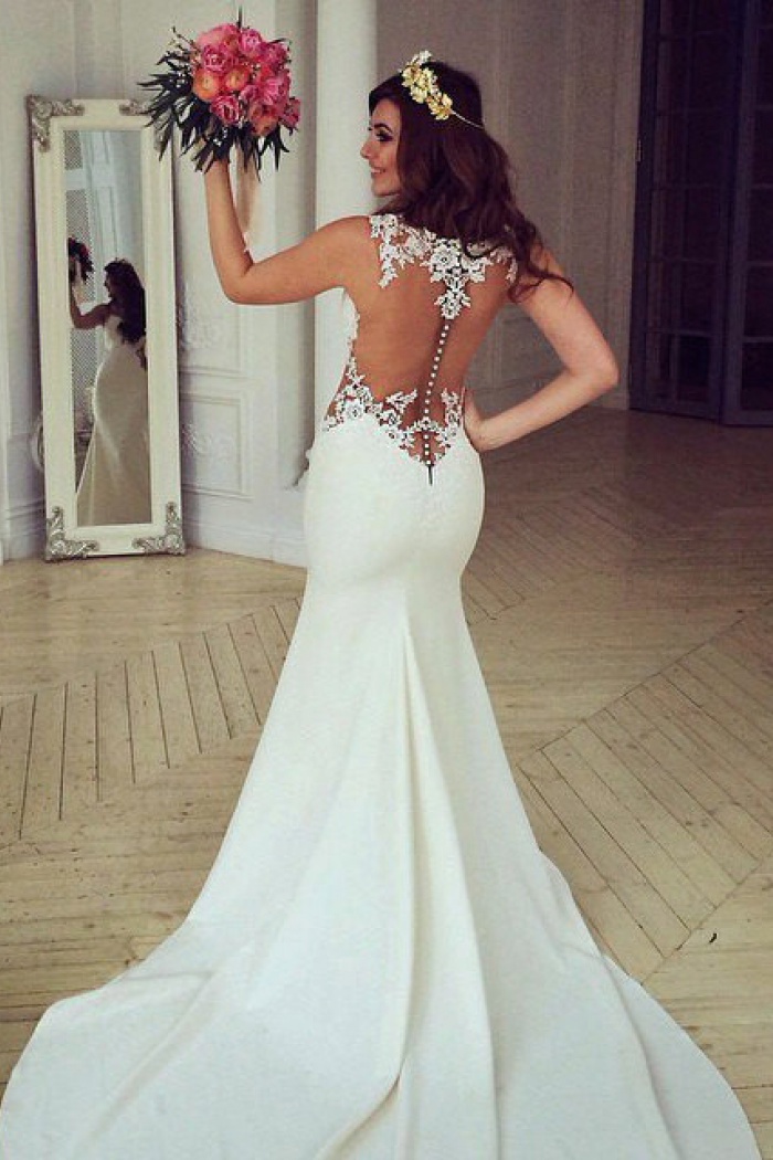 Sheer back wedding dress with buttons discount