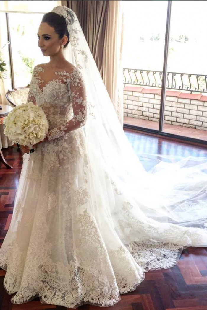 lace a line wedding dress with long sleeves