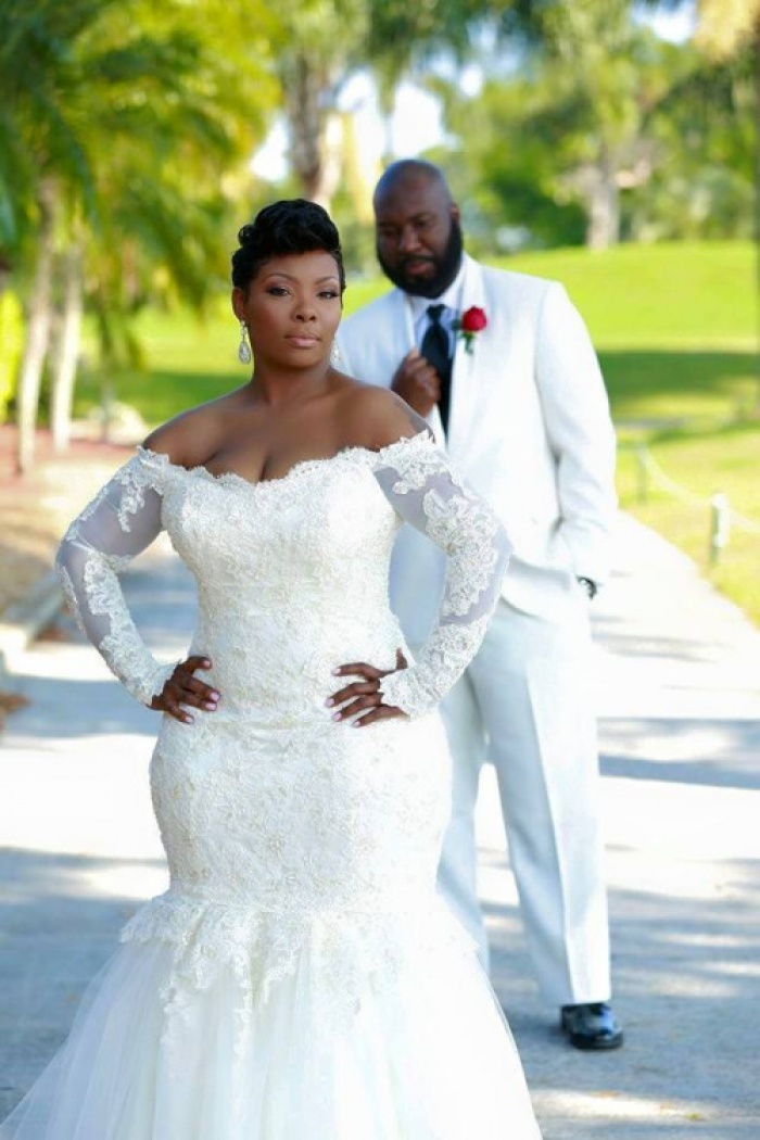 simple white off shoulder wedding dress