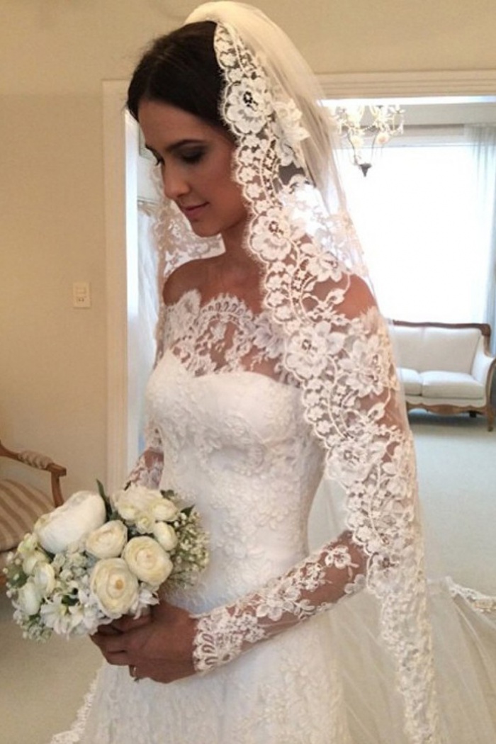 off the shoulder lace sleeve wedding dress