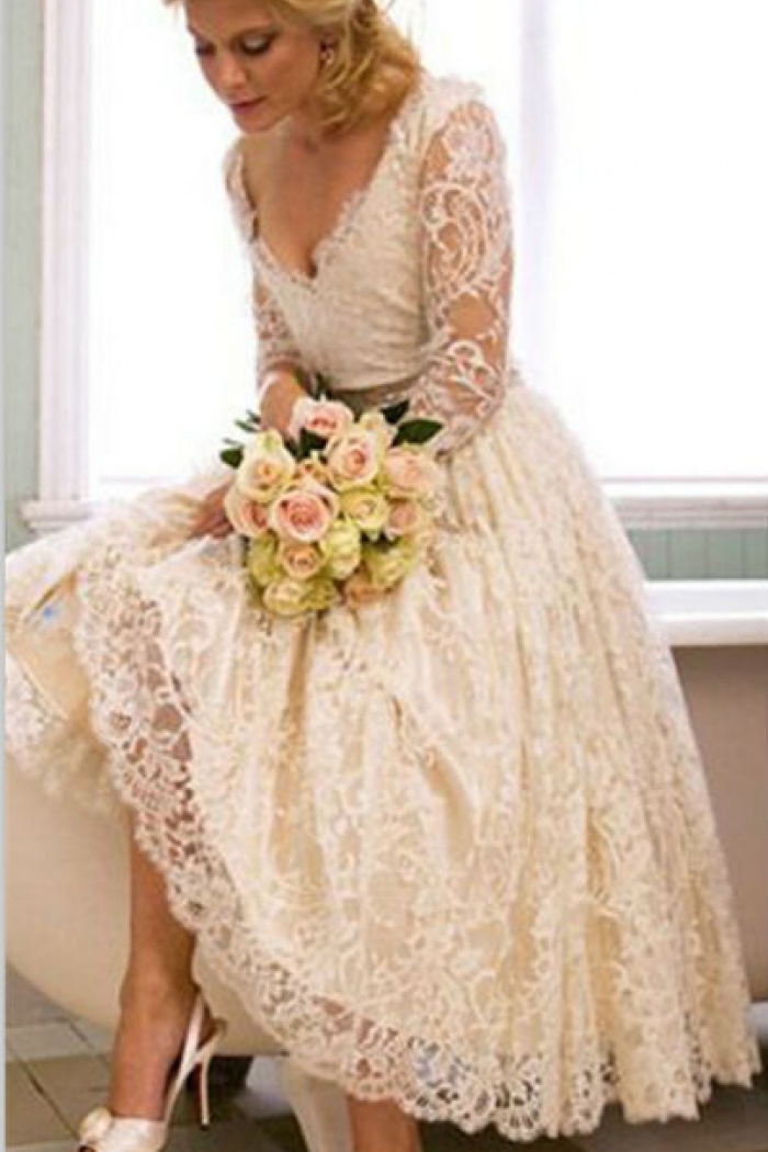 long sleeve lace tea length wedding dress