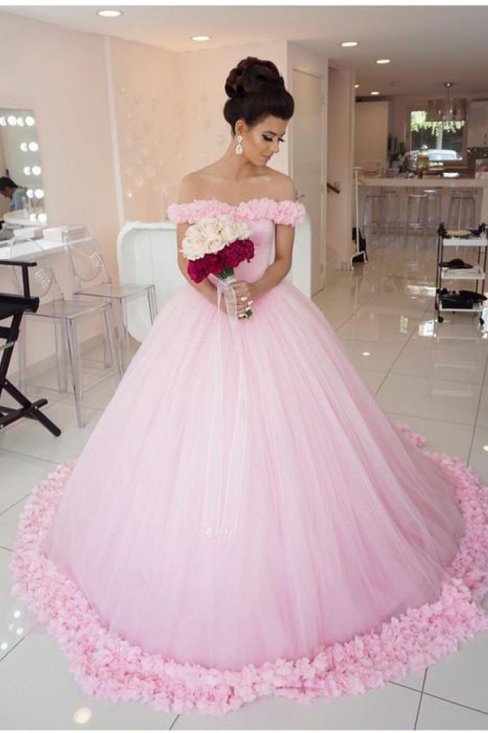 Chic Pink  Off The Shoulder Evening Dresses  2019 Ball  Gown  