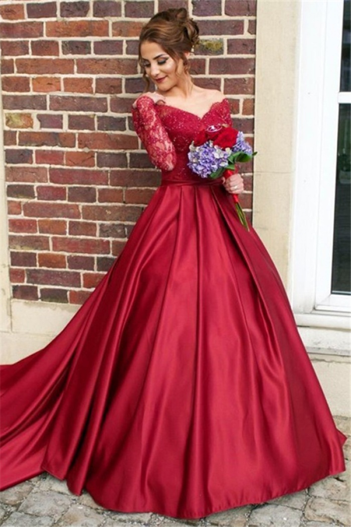 red wedding dress long sleeve