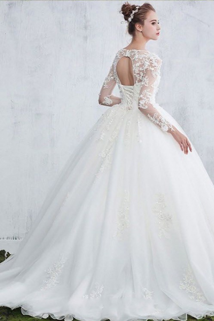 white wedding dress with lace sleeves