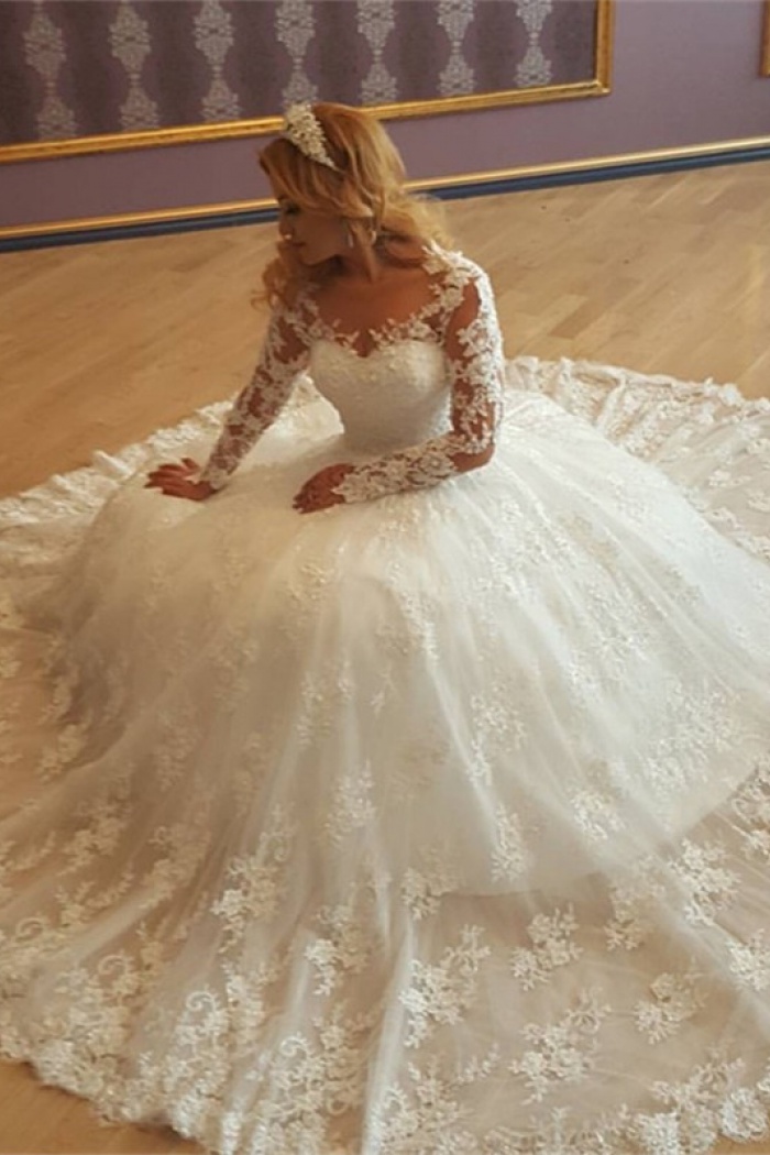 Appliques Vintage Lace Ball Gown Long Sleeves Bride Dress Gorgeous