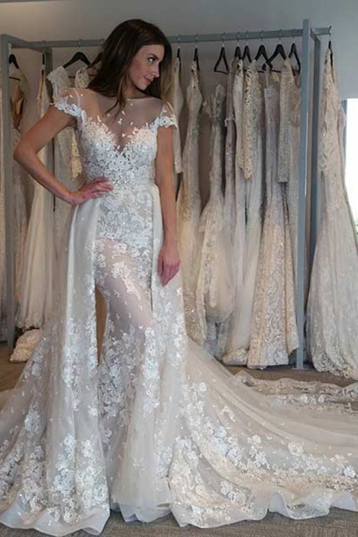 Illusion Cap Sleeves Bride Dresses 2018 Gorgeous Lace Liques Illusion Cap Sleeves Bride Dresses 2018 Gorgeous Lace Liques Overskirt Wedding Gowns 1
