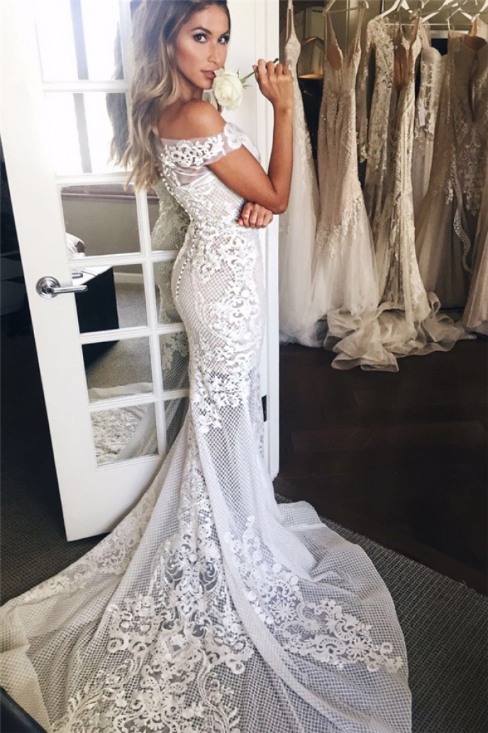 Off The Shoulder Sheer Tulle Bride Dress 2018 Lace Appliques Mermaid ...