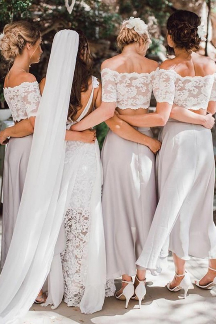 Two Piece Off The Shoulder Light Grey Bridesmaid Dress With Lace