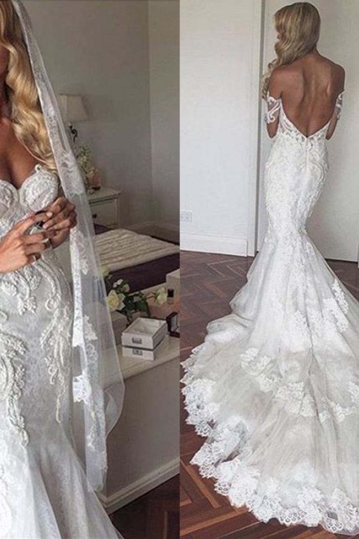 off the shoulder backless wedding dress