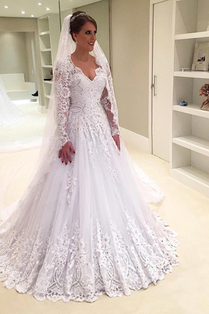 v neck applique wedding dress